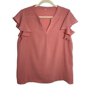 Womens Flutter Sleeve Blush Pink Blouse Loose V Neck Career Classy Top Sz Large